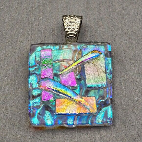 Artisian Dichroic Glass Pendant 1.5" Iridescent Geometric Design Silver-Tone Bai - Picture 1 of 7